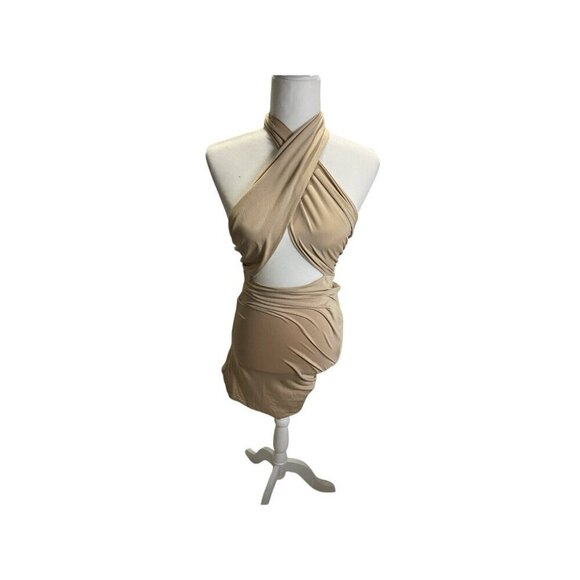 D&M Tan Halter Ruched Mini Cocktail Dress XS Evening Stretch Open Front - Picture 3 of 6